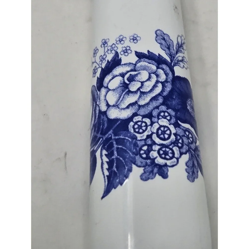 VINTAGE SPODE ITALIAN SALAD SERVERS WHITE BLUE FLORAL STAINLESS & PORCELAIN SET